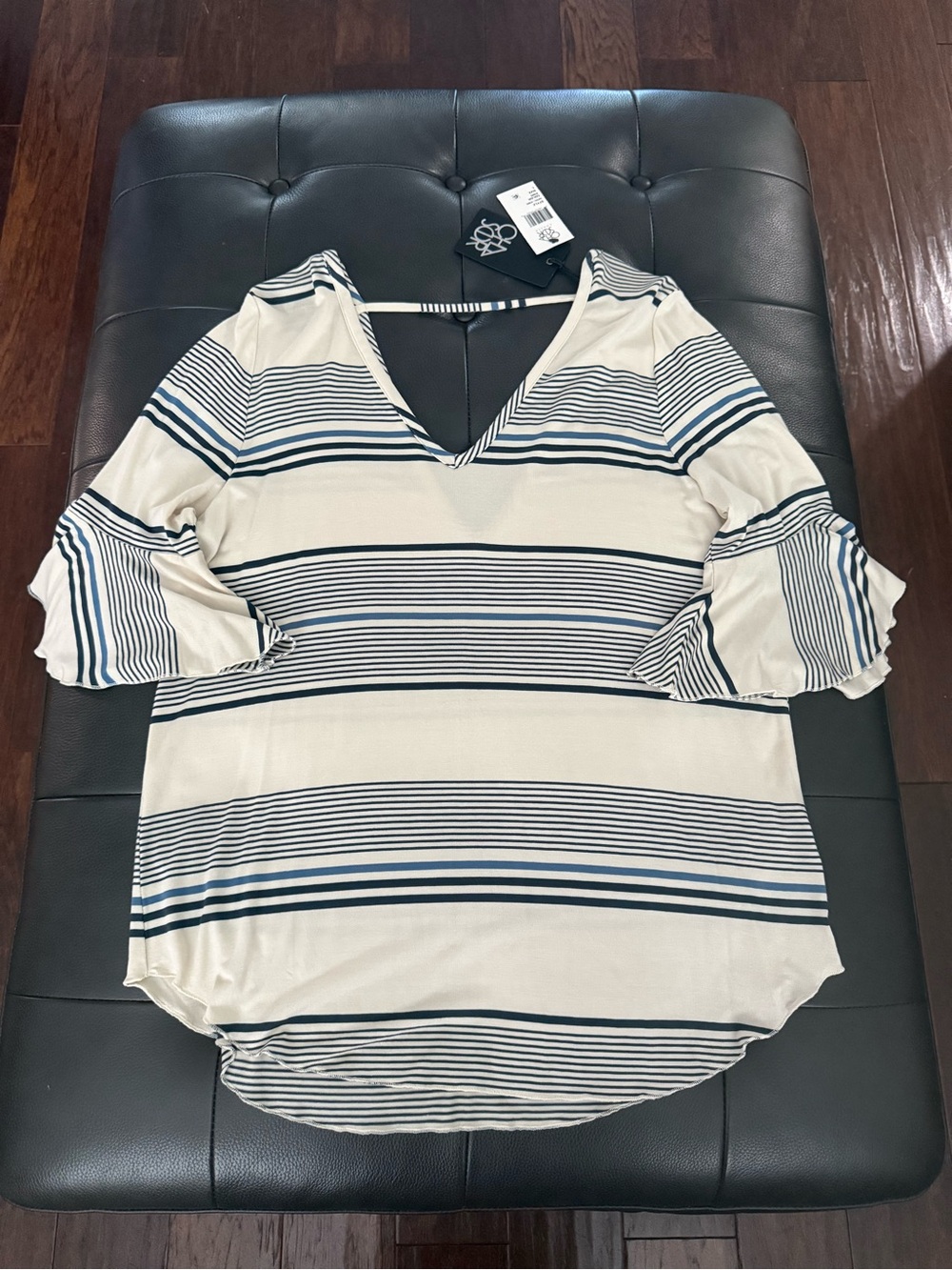 Cha Sor Chaser Striped V- Neck Ruffle Sleeve Blouse in Cream & Navy